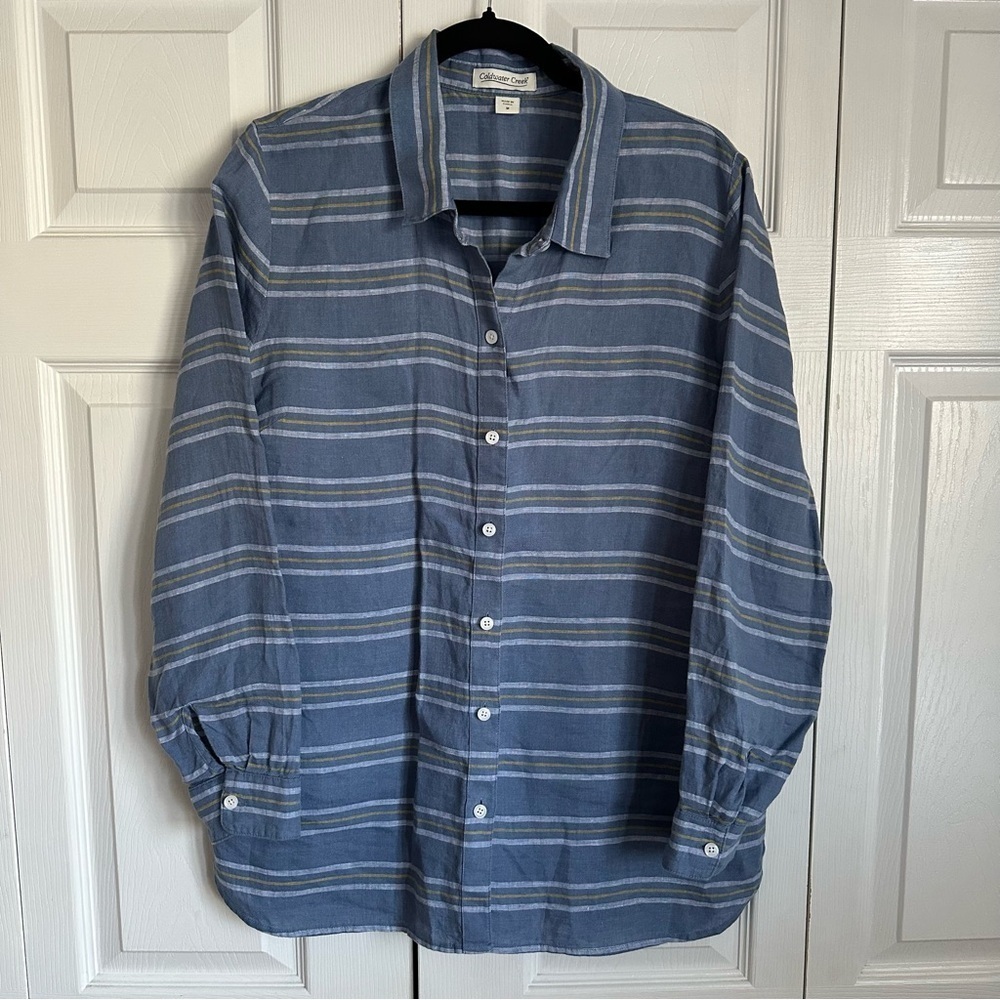 Coldwater Creek Womens M Linen Striped Button Up Tunic Top Preppy Office Casual - Picture 2 of 12